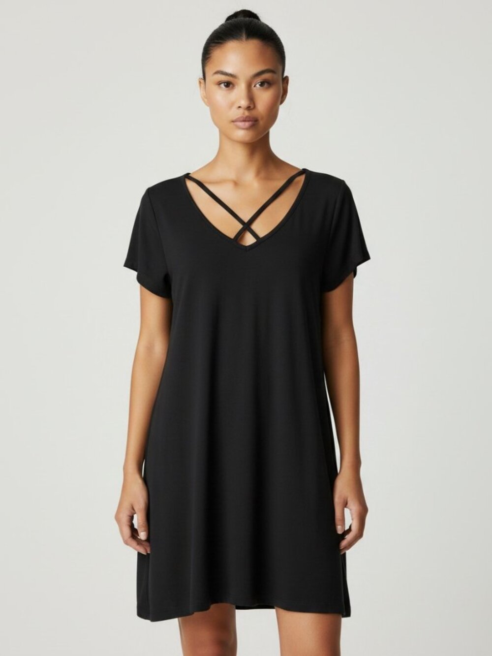 Poof! Black Criss Cross V-Neck Short Sleeve T-Shirt Mini Dress Size Small
